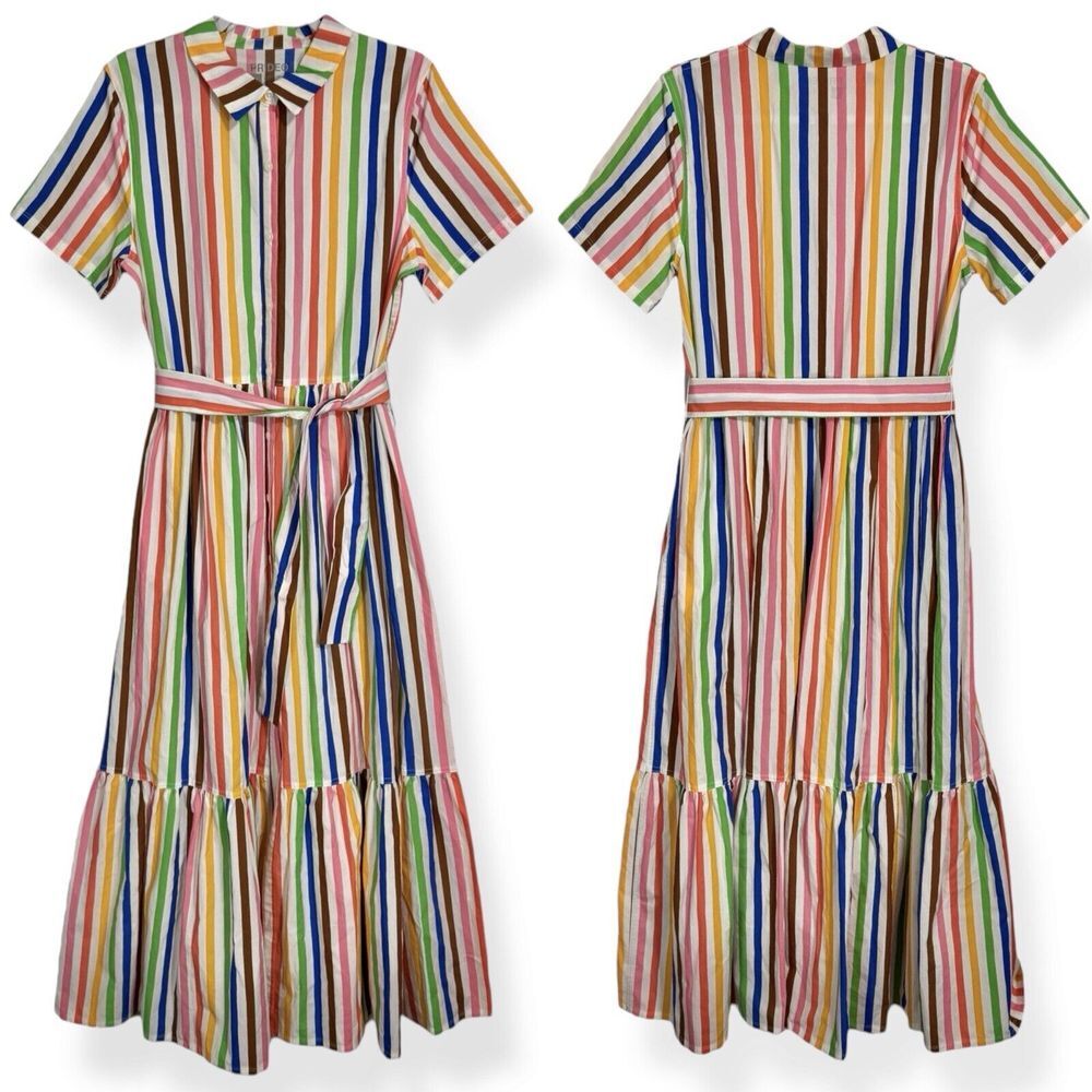 Rainbow Pride Button Down Maxi Shirt Dress Size M Belted Full Boho LGBT LGBTQ